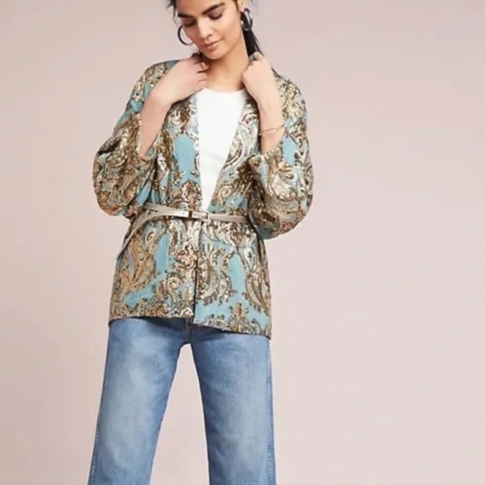 Anthropologie Ett twa Gold Sequin & Dusty Turquoise Kimono Jacket Blue Sz M/L